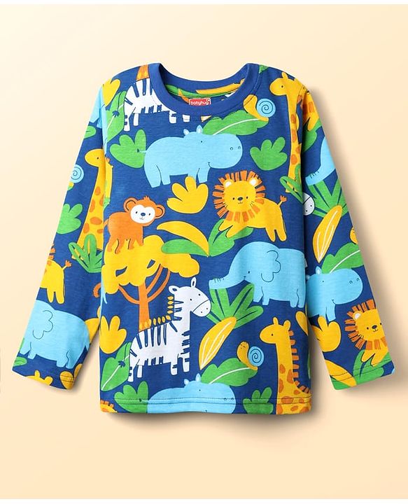 Babyhug Cotton Knit Full Sleeves Co-ord Night Suit With Animal Print - Navy Blue
