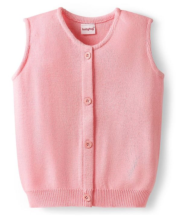 Babyhug Knitted Sleeveless Solid Front Open Sweater Vest - Pink