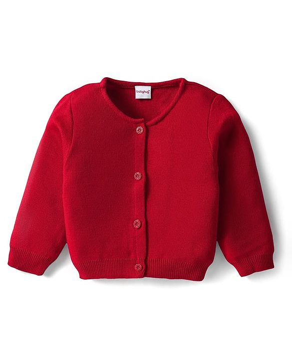 Babyhug Knitted Full Sleeves Solid Front Open Sweater - Red