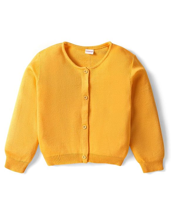 Babyhug Knitted Full Sleeves Solid Front Open Sweater - Yellow