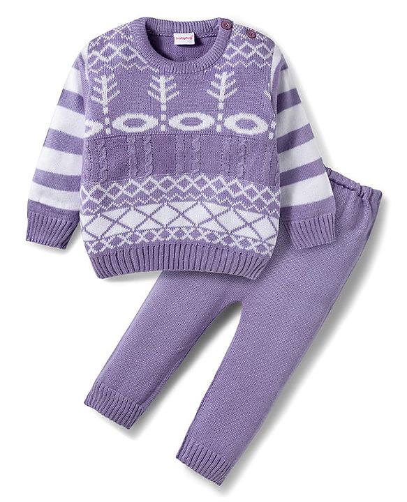 Babyhug Knitted Full Sleeves Sweater Set With Tree Print - Lavender