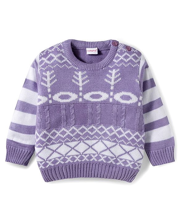 Babyhug Knitted Full Sleeves Sweater Set With Tree Print - Lavender