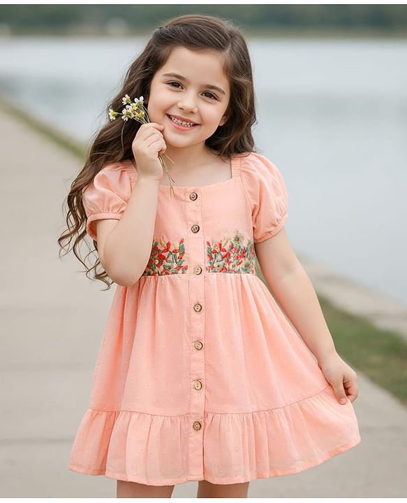 Babyhug Cotton Woven Puffed Sleeves Front Open Frock with Floral Embroidery - Pink