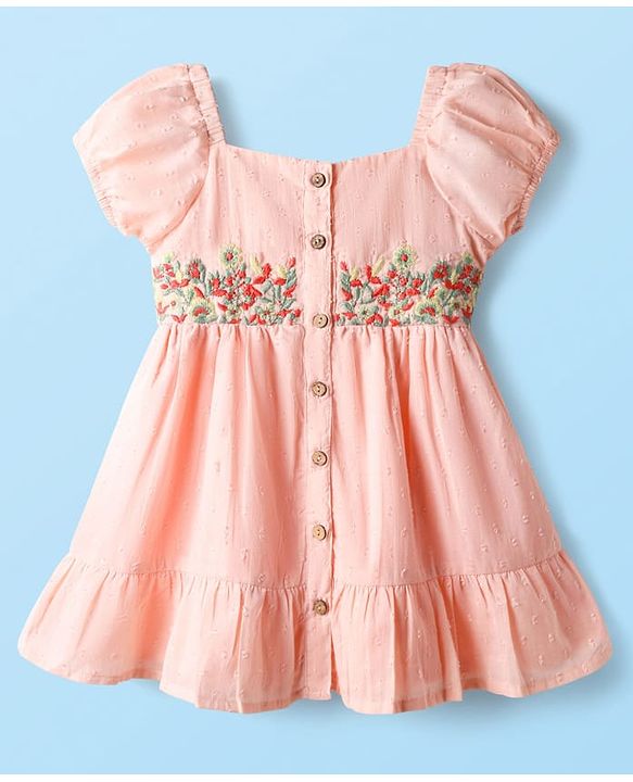 Babyhug Cotton Woven Puffed Sleeves Front Open Frock with Floral Embroidery - Pink