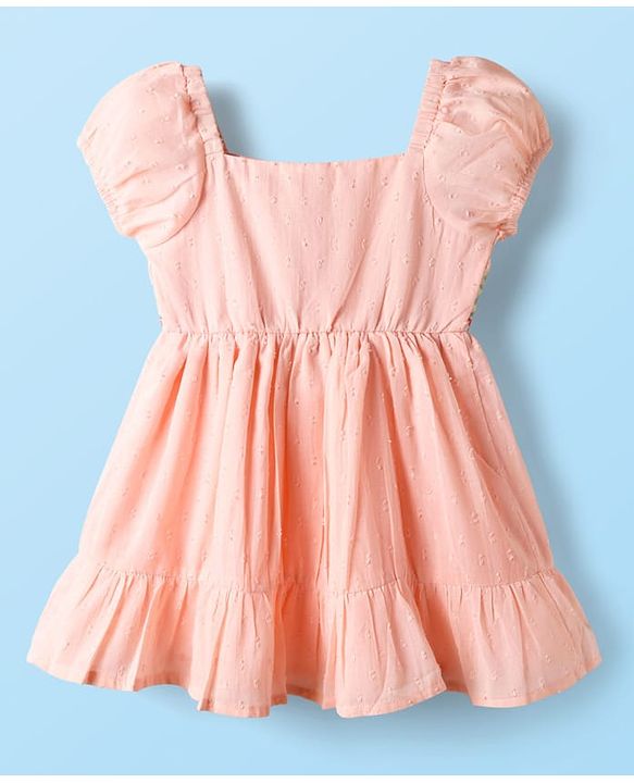 Babyhug Cotton Woven Puffed Sleeves Front Open Frock with Floral Embroidery - Pink