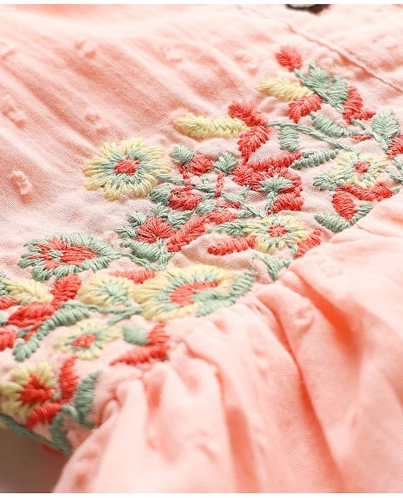 Babyhug Cotton Woven Puffed Sleeves Front Open Frock with Floral Embroidery - Pink