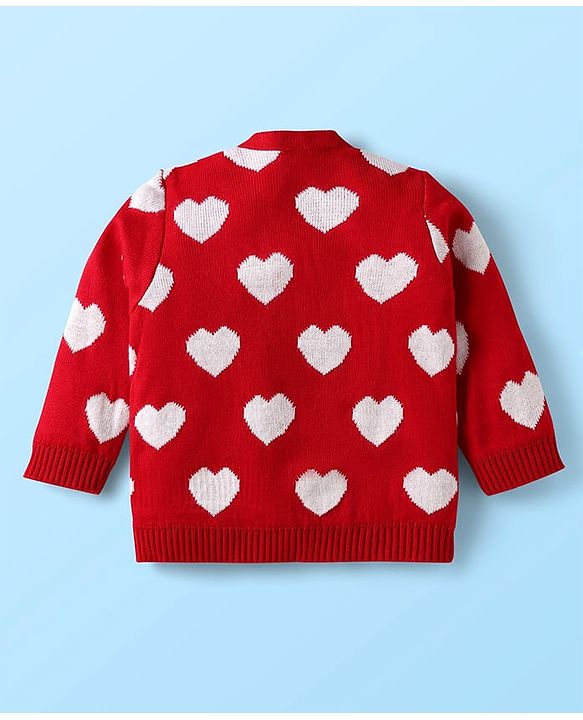 Babyhug Knit Full Sleeves Front Open Sweater with Heart Design - Red