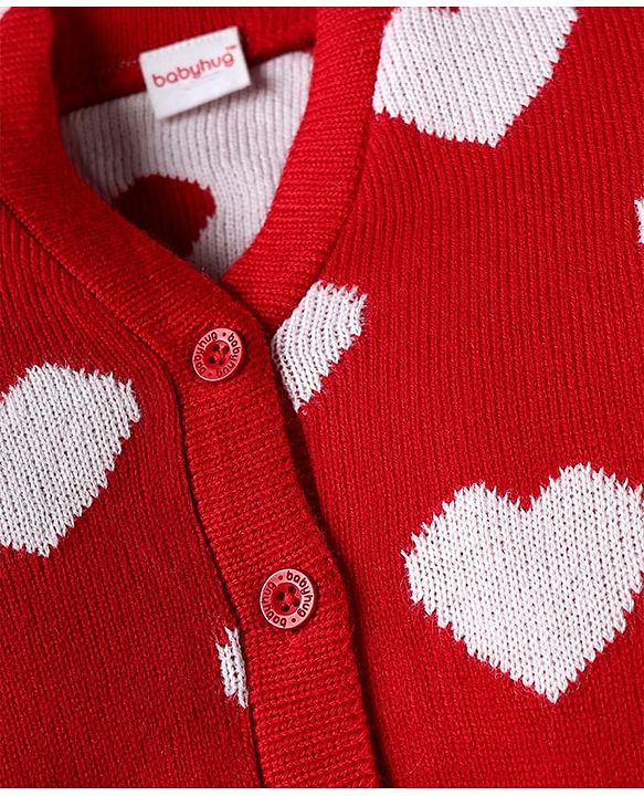 Babyhug Knit Full Sleeves Front Open Sweater with Heart Design - Red