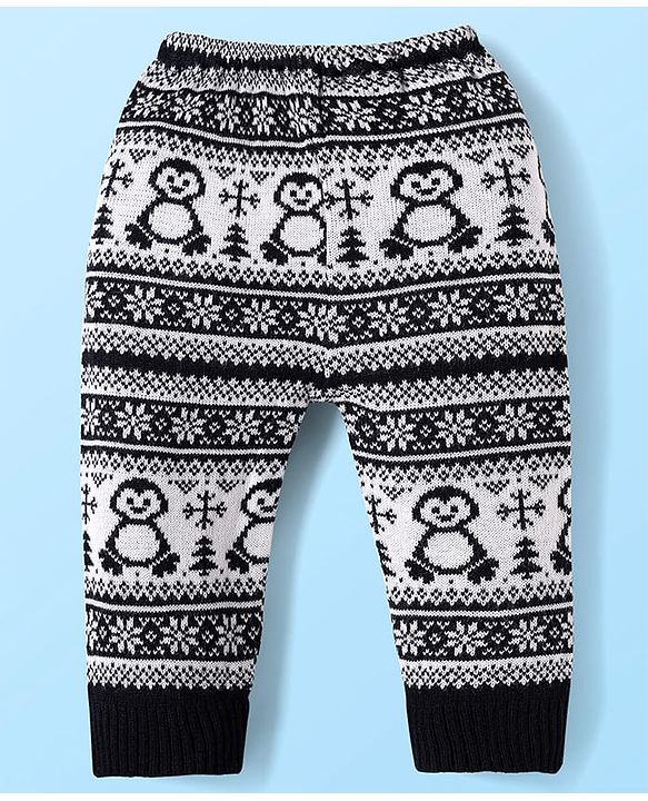 Babyhug Sweater Knit Full Length Woollen Pant with Floral Design - Navy Blue