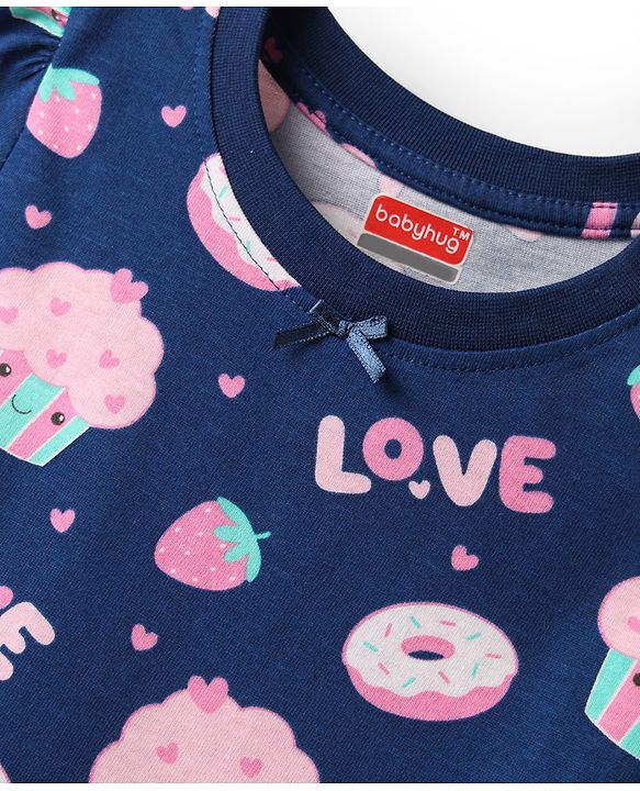 Babyhug Cotton Knit Half Sleeves Co-ords Night Suit with Hearts Print - Navy Blue