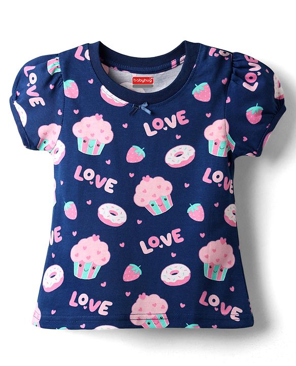 Babyhug Cotton Knit Half Sleeves Co-ords Night Suit with Hearts Print - Navy Blue