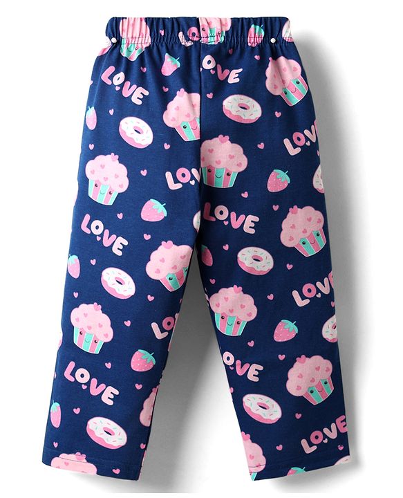 Babyhug Cotton Knit Half Sleeves Co-ords Night Suit with Hearts Print - Navy Blue