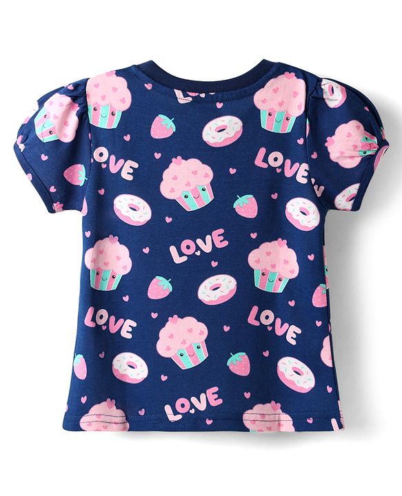 Babyhug Cotton Knit Half Sleeves Co-ords Night Suit with Hearts Print - Navy Blue