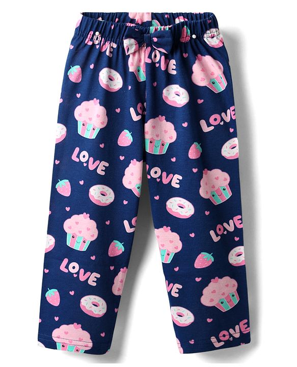Babyhug Cotton Knit Half Sleeves Co-ords Night Suit with Hearts Print - Navy Blue