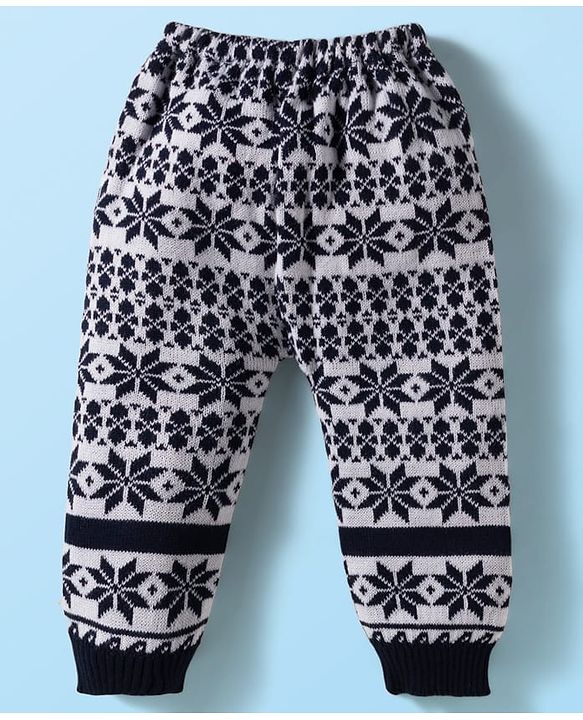 Babyhug Sweater Knit Full Length Woollen Pant with Floral Design - Navy Blue & White