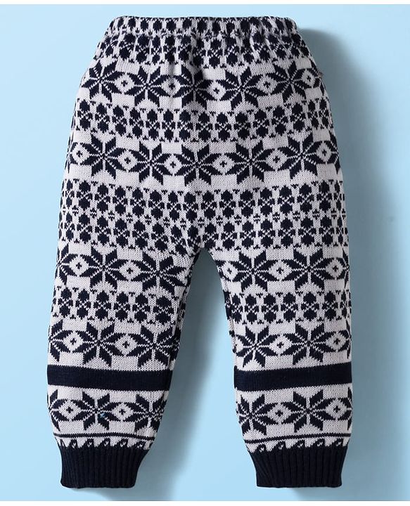 Babyhug Sweater Knit Full Length Woollen Pant with Floral Design - Navy Blue & White