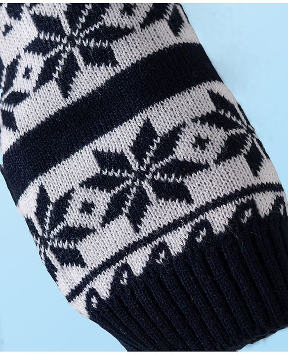 Babyhug Sweater Knit Full Length Woollen Pant with Floral Design - Navy Blue & White