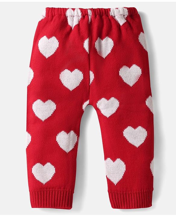 Babyhug Sweater Knit Full Length Woollen Bottom Wear With Heart Design - Red