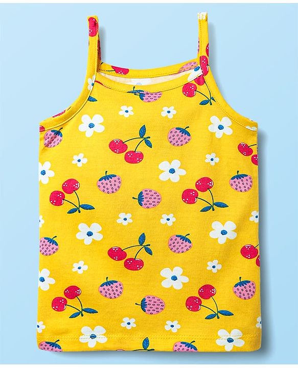 Babyhug 100% Cotton Single Jersey Knit Sleeveless Slips With Polka Dots & Tropical Theme Print Pack Of 3 - Pink White & Yellow