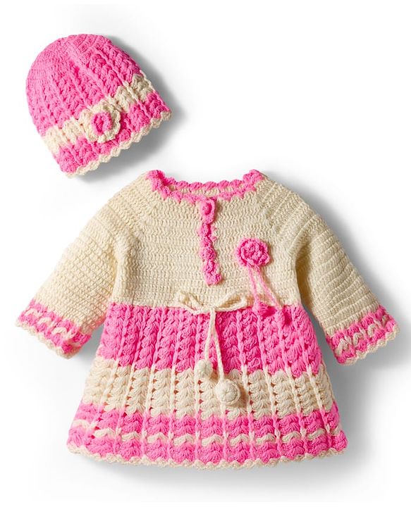Babyhug Full Raglan Sleeves Crochet Hand-Knit Woollen Dress with Colour Floral Applique Block Design & Cap - Pink