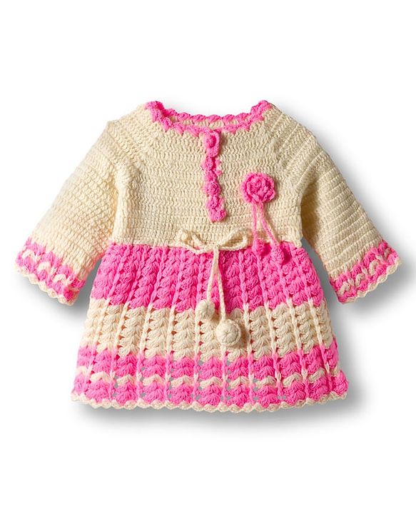 Babyhug Full Raglan Sleeves Crochet Hand-Knit Woollen Dress with Colour Floral Applique Block Design & Cap - Pink