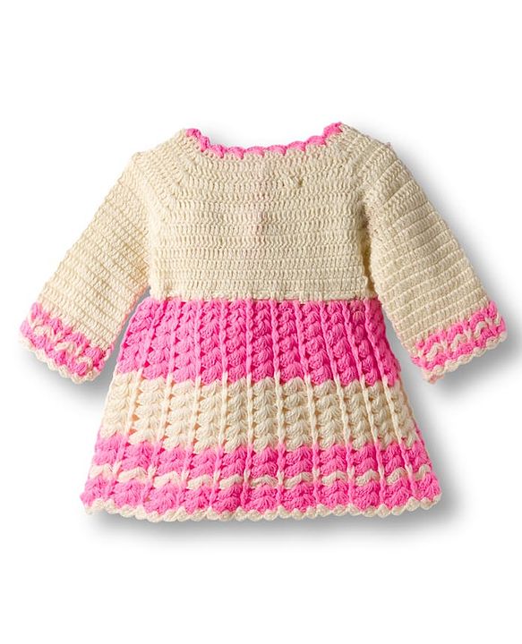 Babyhug Full Raglan Sleeves Crochet Hand-Knit Woollen Dress with Colour Floral Applique Block Design & Cap - Pink