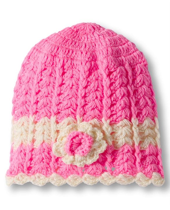 Babyhug Full Raglan Sleeves Crochet Hand-Knit Woollen Dress with Colour Floral Applique Block Design & Cap - Pink