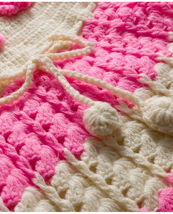 Babyhug Full Raglan Sleeves Crochet Hand-Knit Woollen Dress with Colour Floral Applique Block Design & Cap - Pink