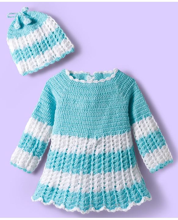 Babyhug Full Raglan Sleeves Crochet Hand-Knit Woollen Dress with Colour Block Design & Cap - Aqua Blue