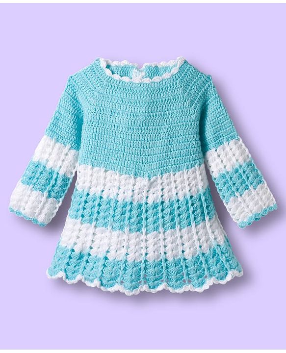 Babyhug Full Raglan Sleeves Crochet Hand-Knit Woollen Dress with Colour Block Design & Cap - Aqua Blue