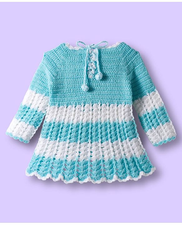 Babyhug Full Raglan Sleeves Crochet Hand-Knit Woollen Dress with Colour Block Design & Cap - Aqua Blue