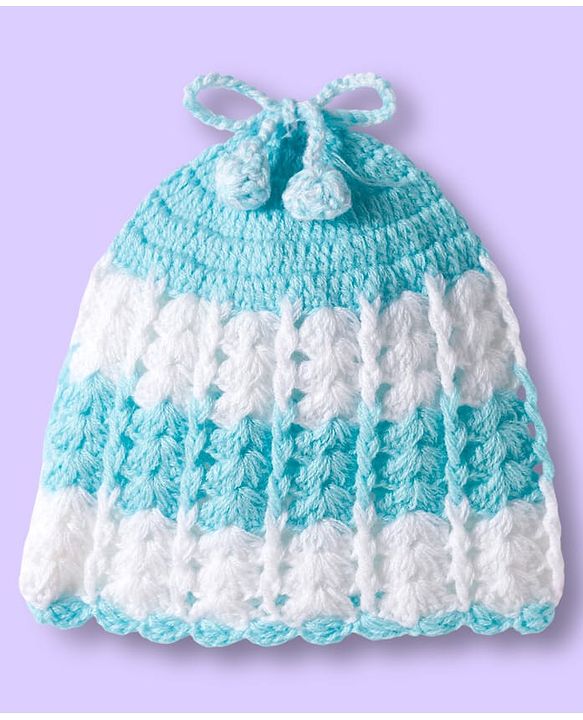 Babyhug Full Raglan Sleeves Crochet Hand-Knit Woollen Dress with Colour Block Design & Cap - Aqua Blue