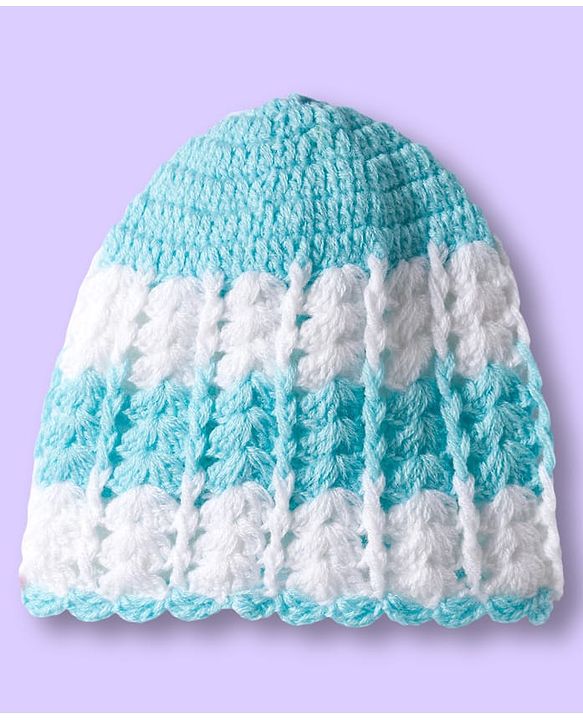 Babyhug Full Raglan Sleeves Crochet Hand-Knit Woollen Dress with Colour Block Design & Cap - Aqua Blue