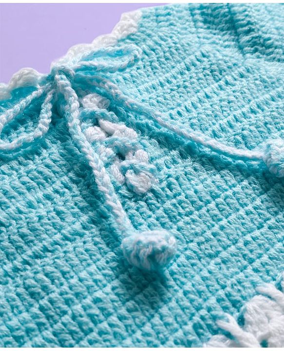 Babyhug Full Raglan Sleeves Crochet Hand-Knit Woollen Dress with Colour Block Design & Cap - Aqua Blue