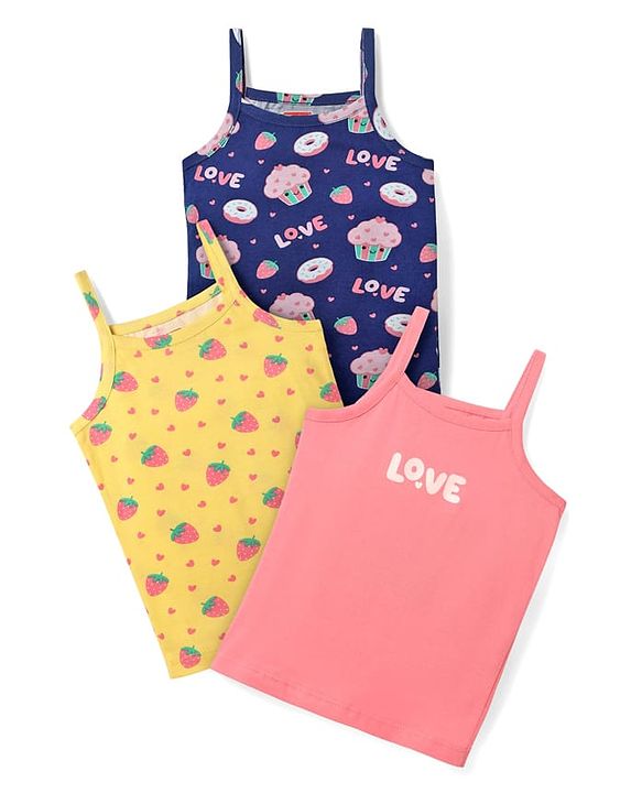 Babyhug 100% Cotton Singlet Tropical Theme & Text Printed Slips Pack Of 3 - Pink Navy Blue & Yellow