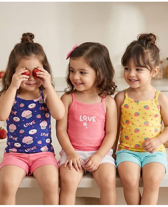 Babyhug 100% Cotton Singlet Tropical Theme & Text Printed Slips Pack Of 3 - Pink Navy Blue & Yellow