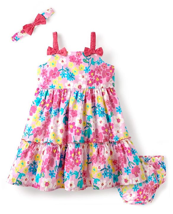 Babyhug Cotton Knit Floral Printed Sleeveless Frock with Bloomer & Headband - Pink