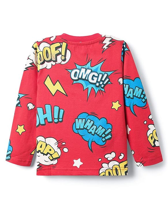 Babyhug Full Sleeves Co-ords Night Suit With Text Print - Red