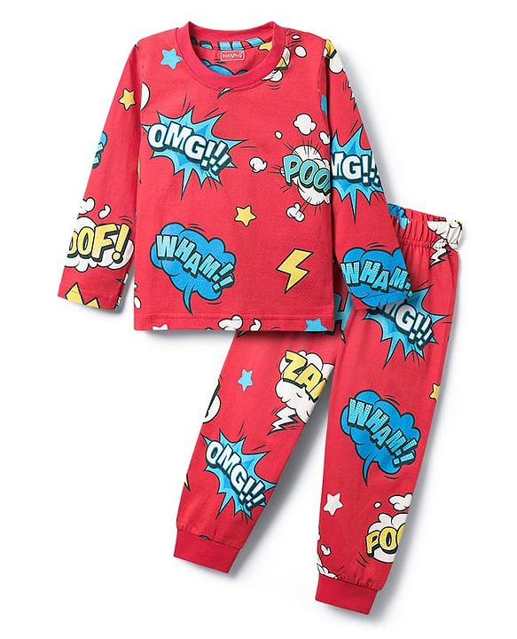 Babyhug Full Sleeves Co-ords Night Suit With Text Print - Red