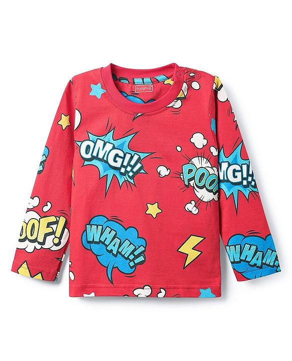 Babyhug Full Sleeves Co-ords Night Suit With Text Print - Red