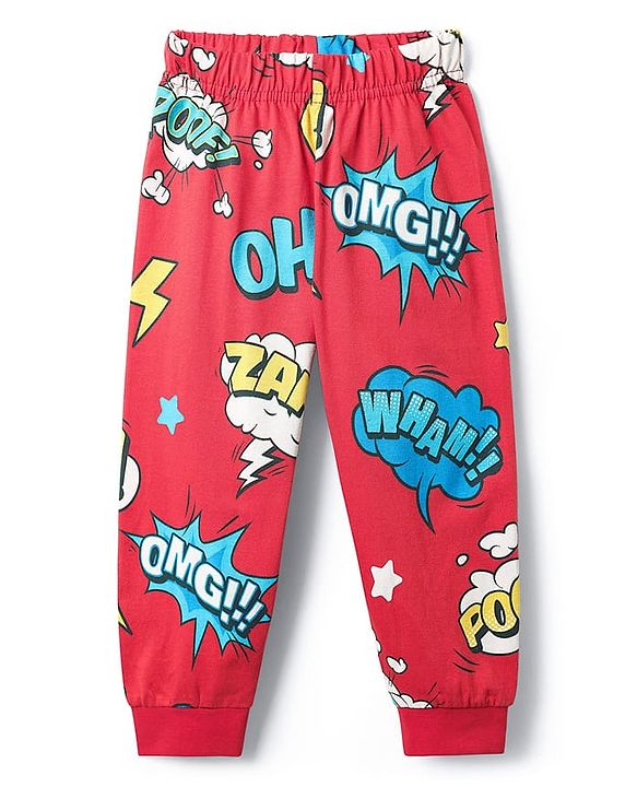 Babyhug Full Sleeves Co-ords Night Suit With Text Print - Red