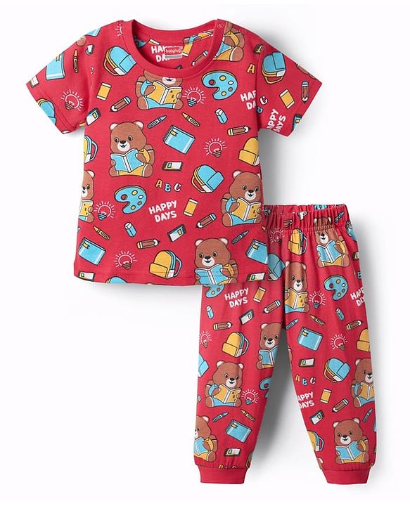 Babyhug Cotton Knit Half Sleeves Co-ords  Night Suit With Bear Print - Red