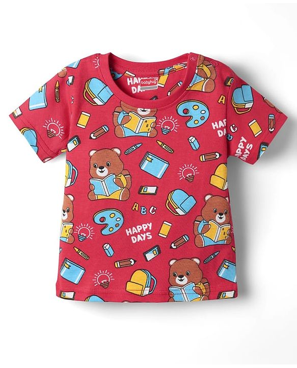 Babyhug Cotton Knit Half Sleeves Co-ords  Night Suit With Bear Print - Red