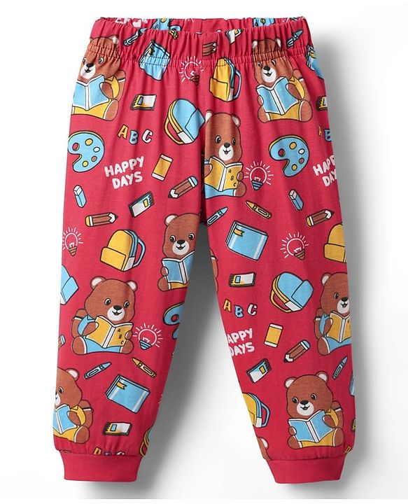 Babyhug Cotton Knit Half Sleeves Co-ords  Night Suit With Bear Print - Red