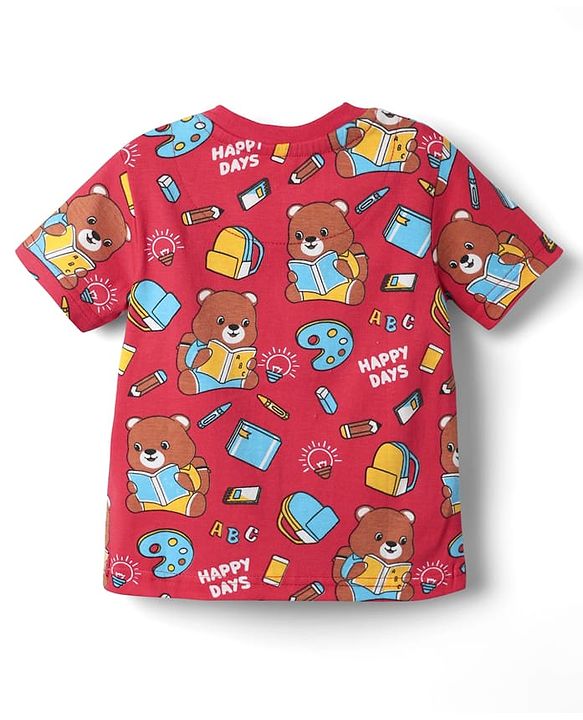 Babyhug Cotton Knit Half Sleeves Co-ords  Night Suit With Bear Print - Red