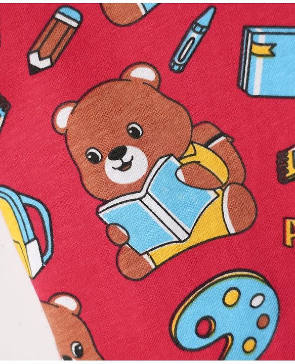 Babyhug Cotton Knit Half Sleeves Co-ords  Night Suit With Bear Print - Red