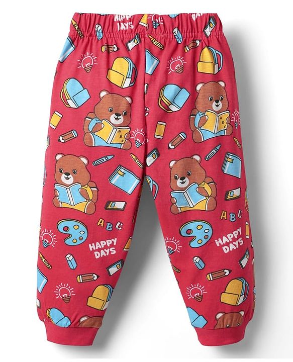 Babyhug Cotton Knit Half Sleeves Co-ords  Night Suit With Bear Print - Red