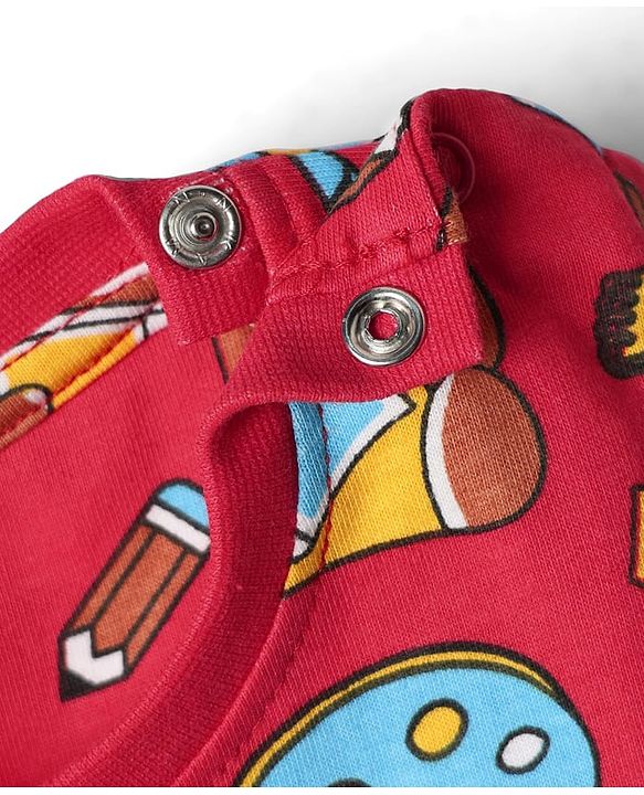 Babyhug Cotton Knit Half Sleeves Co-ords  Night Suit With Bear Print - Red