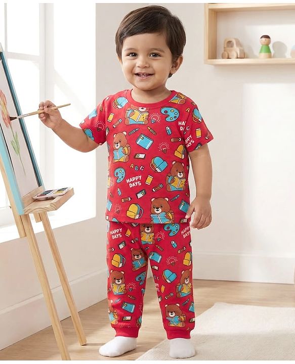 Babyhug Cotton Knit Half Sleeves Co-ords  Night Suit With Bear Print - Red