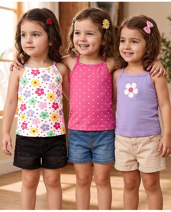 Babyhug 100% Cotton Single Jersey Knit Sleeveless Slips With Floral & Polka Dot Print Pack Of 3 - Pink White & Purple